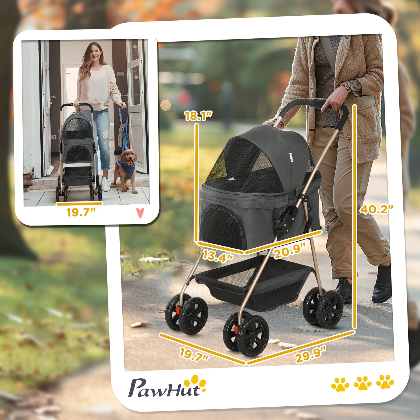 3 in 1 Pet Stroller with Detachable Carrier, Foldable Dog Stroller